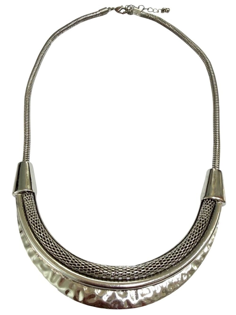 Necklace Bib Collar Crescent Hammered Textured Mesh Silver Tone 17-19 inches